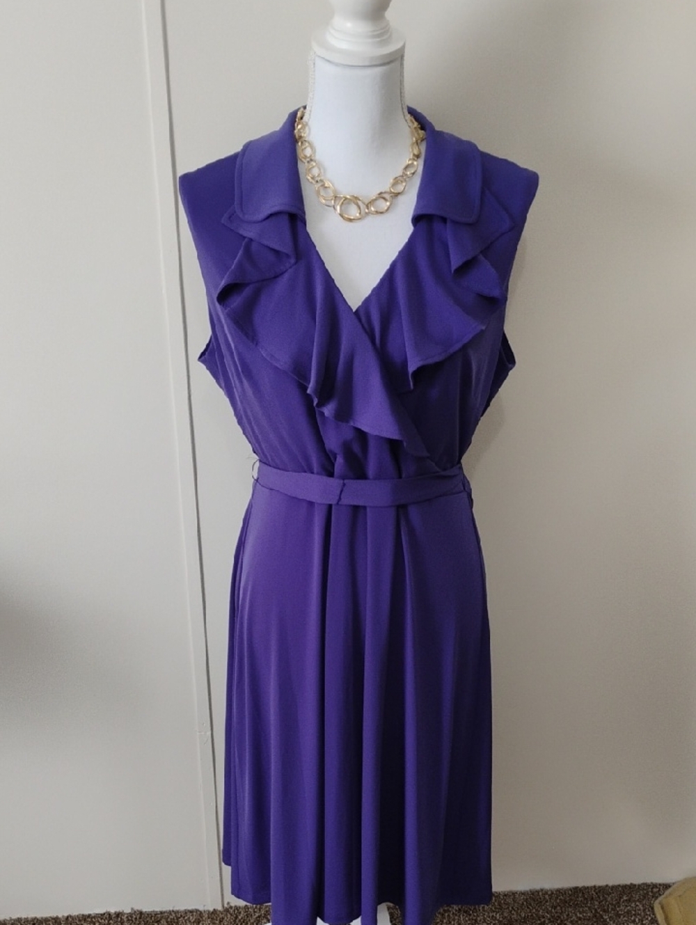 Studio I Purple Ruffle V-Neck Midi Dress with Self Belt